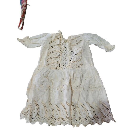 Christening Long Gown Long Sleeve Buttons Cutwork All Over Flower Embroider Vtg